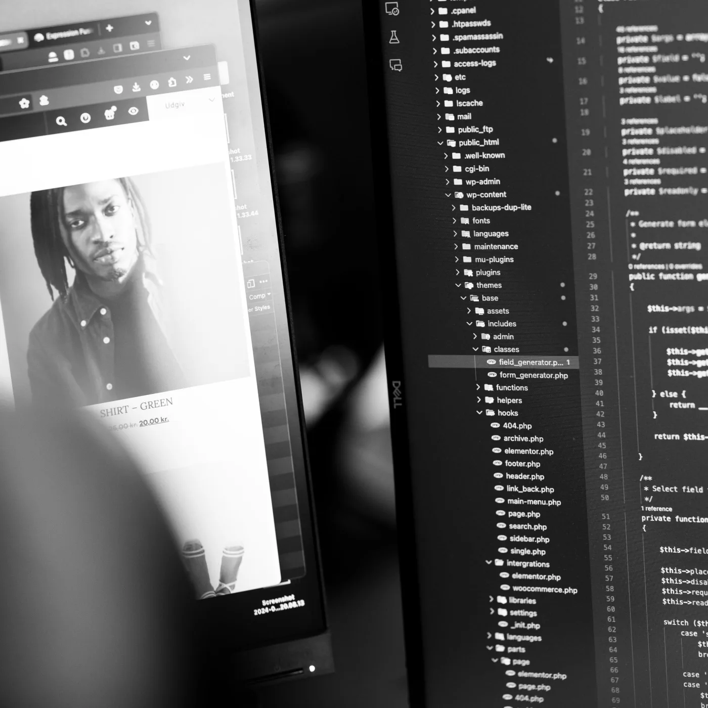 Skærm med PHP-kode til et WordPress-tema ved siden af en webshops produktside under udvikling